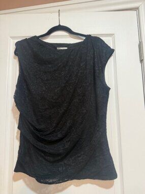 Nine Britton Black Lace Blouse XL Draped Front Cap Sleeve Top